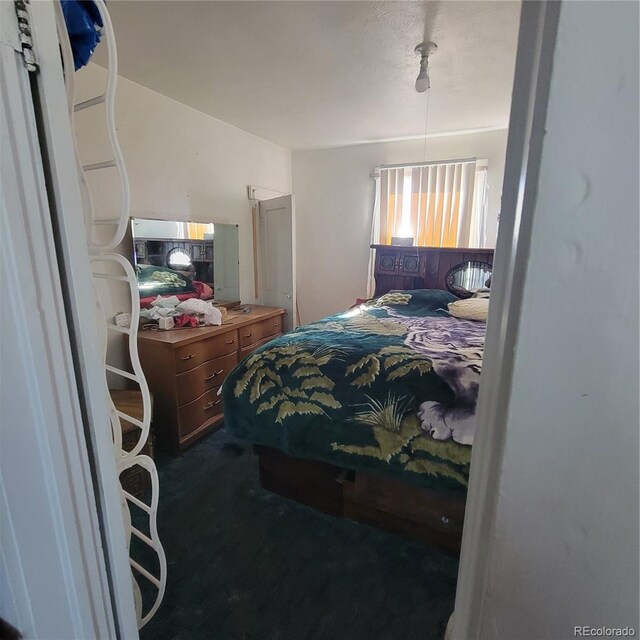 bedroom featuring dark carpet