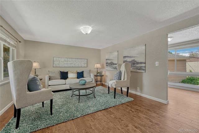 living area with a textured ceiling, wood finished floors, and baseboards