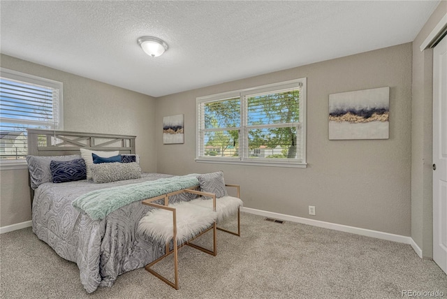 bedroom featuring multiple windows, carpet floors, baseboards, and a textured ceiling