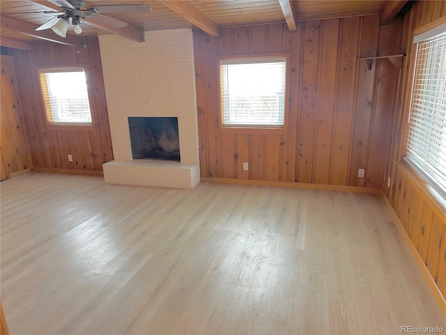 unfurnished living room featuring a brick fireplace, light wood-type flooring, wooden ceiling, wooden walls, and beam ceiling