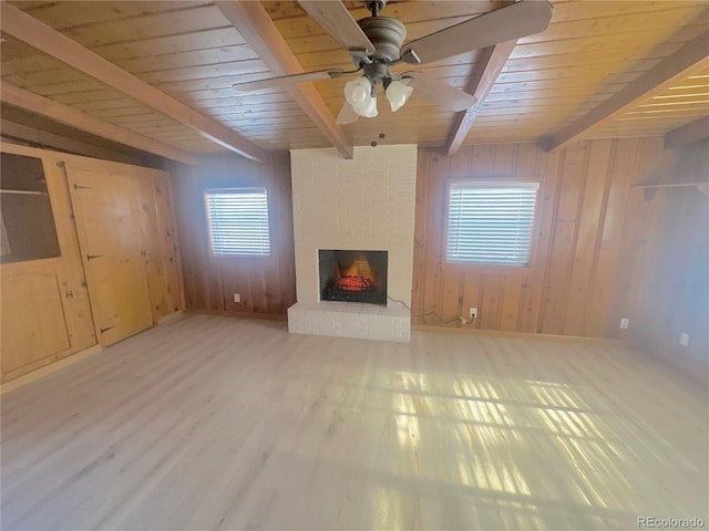 unfurnished living room featuring a brick fireplace, wooden ceiling, beamed ceiling, and wood walls