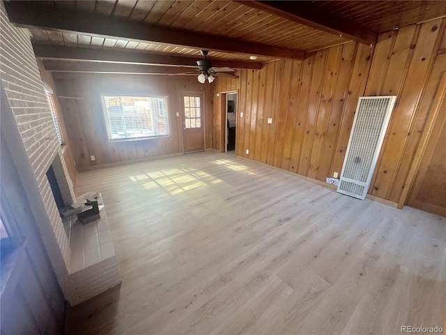 unfurnished living room with beam ceiling, light hardwood / wood-style flooring, wooden ceiling, and wood walls