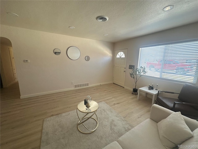 living room featuring light hardwood / wood-style floors and a textured ceiling