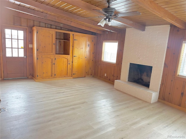 unfurnished living room with wood ceiling, light hardwood / wood-style floors, and wood walls