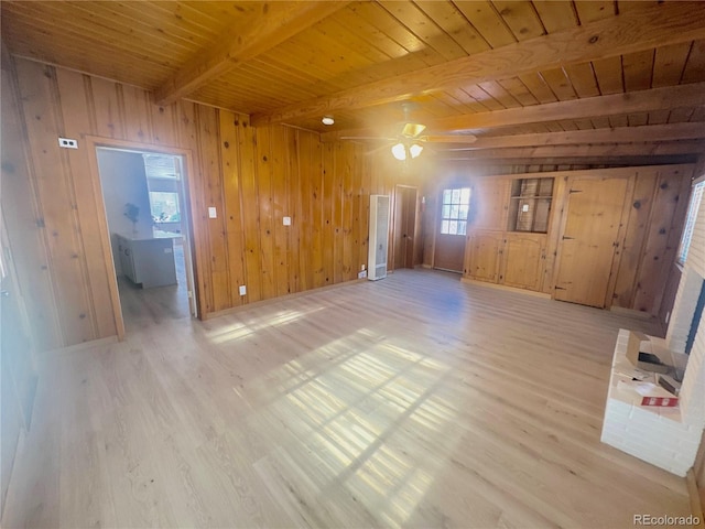 unfurnished room with beamed ceiling, wooden walls, wood ceiling, and light wood-type flooring