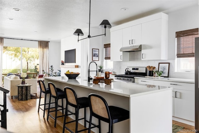 kitchen featuring white cabinetry, stainless steel range, plenty of natural light, and an island with sink