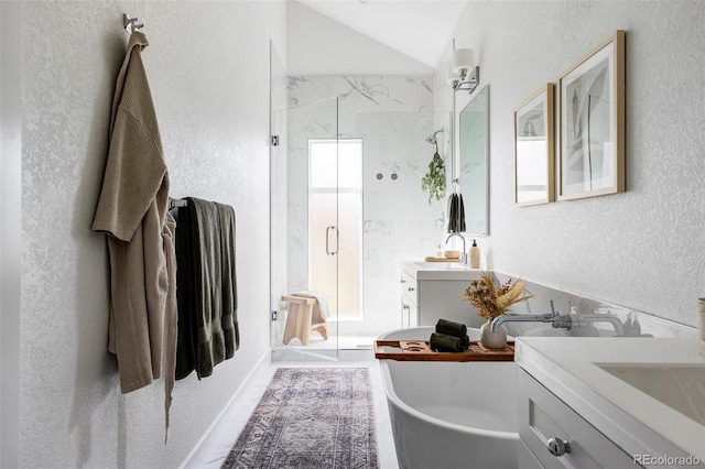 bathroom featuring vanity, vaulted ceiling, a wealth of natural light, and an enclosed shower