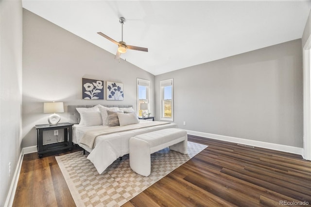 2357 Oak Ridge Rd, Sedalia, CO 80135 - bedroom featuring dark wood-type flooring, a ceiling fan, and high vaulted ceiling