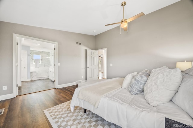 2357 Oak Ridge Rd, Sedalia, CO 80135 - bedroom featuring wood finished floors, ensuite bath, and ceiling fan