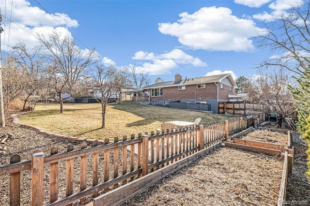 view of yard with a garden and a fenced backyard