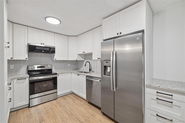 kitchen with sink, light hardwood / wood-style floors, decorative backsplash, white cabinets, and appliances with stainless steel finishes