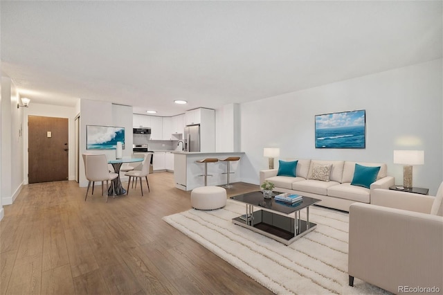 living room with light hardwood / wood-style flooring and sink