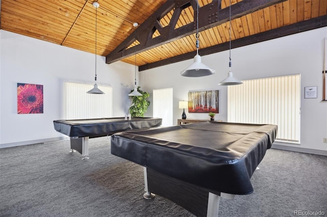 recreation room with beam ceiling, wood ceiling, carpet floors, and billiards