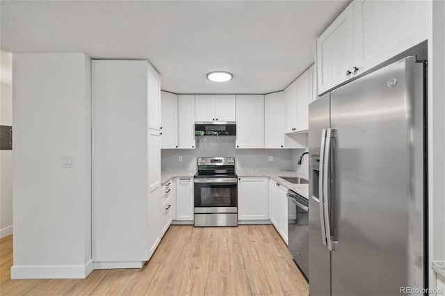 kitchen featuring white cabinetry, sink, stainless steel appliances, light hardwood / wood-style floors, and exhaust hood