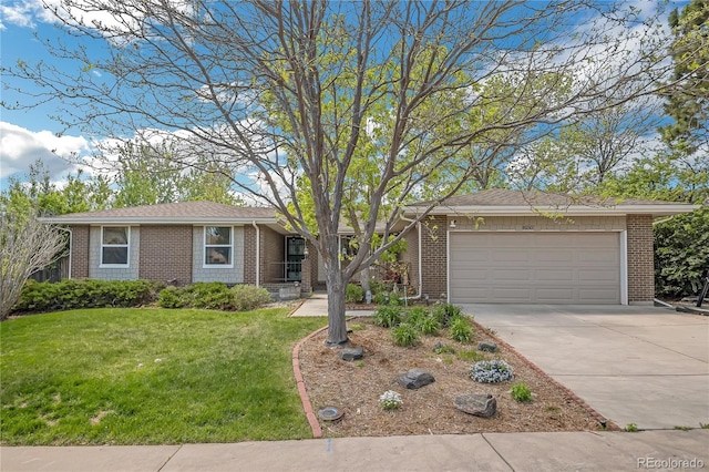 8150 W Calhoun Dr, Littleton, CO 80123 - single story home with driveway, a garage, a front yard, and brick siding