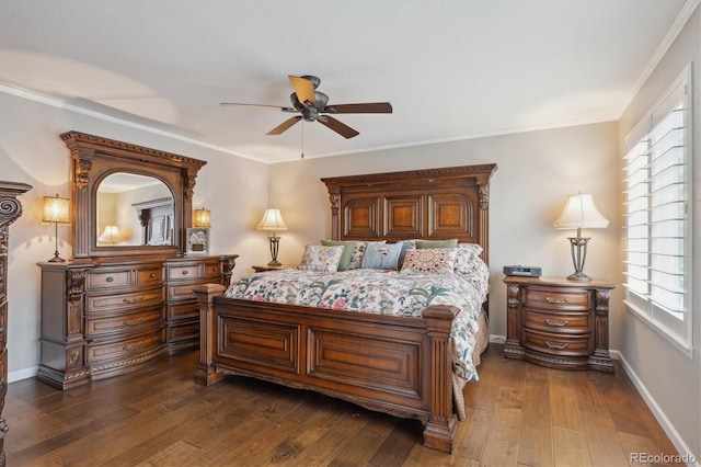 bedroom featuring multiple windows, dark wood-style floors, and crown molding