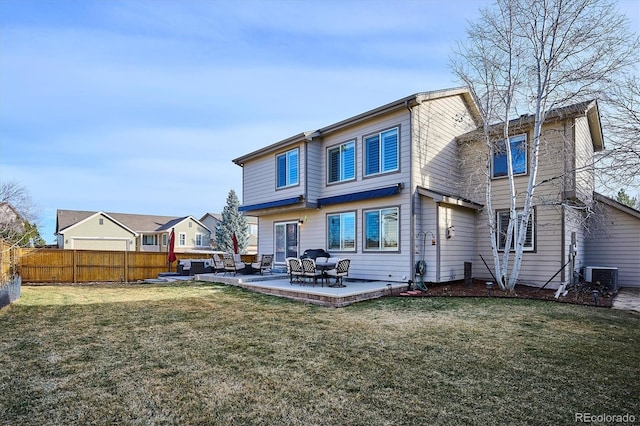 back of property featuring a patio area, fence, central AC, and a lawn