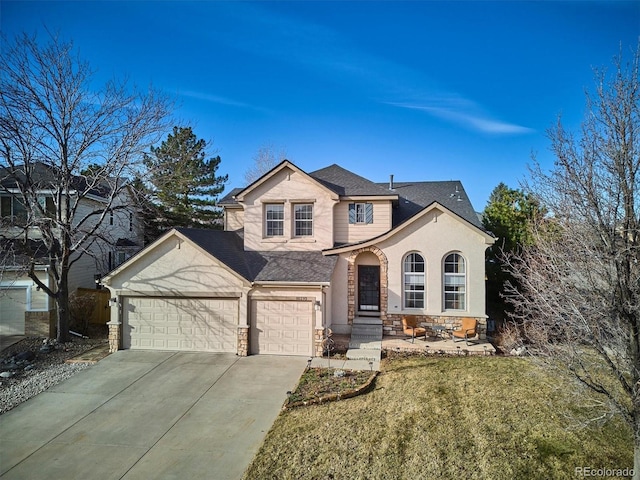 view of front of property featuring stone siding, concrete driveway, an attached garage, and a shingled roof