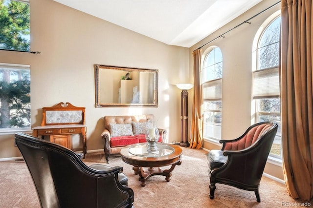 sitting room featuring vaulted ceiling, carpet, and baseboards