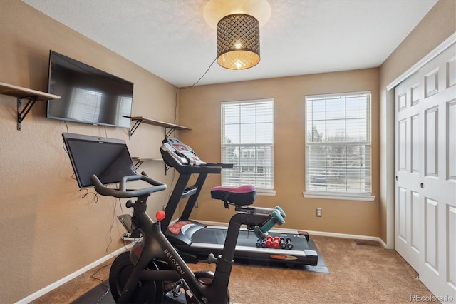 workout room featuring baseboards and carpet