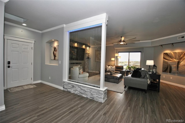 living room with crown molding, ceiling fan, and dark hardwood / wood-style flooring