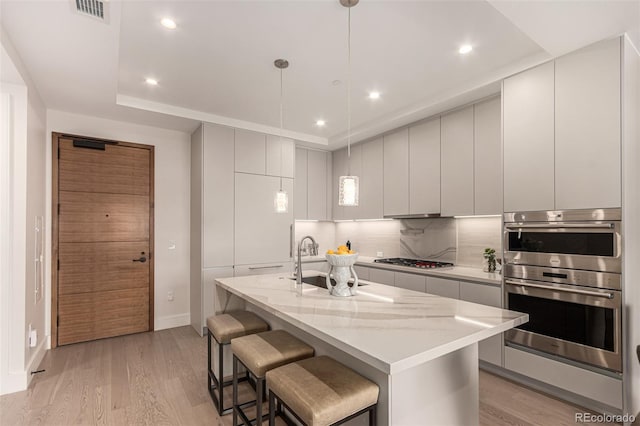 kitchen with stainless steel appliances, light hardwood / wood-style floors, sink, an island with sink, and pendant lighting