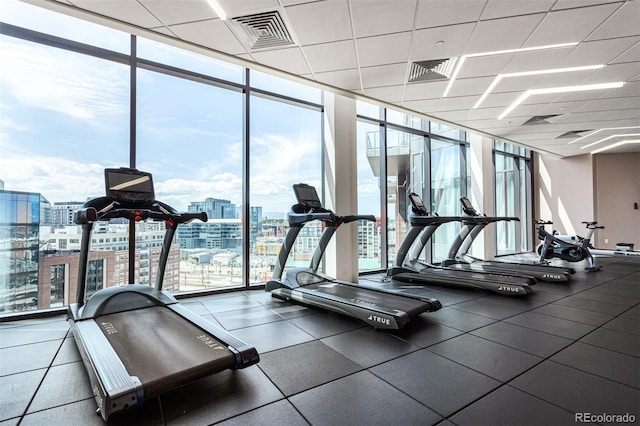 workout area with a wall of windows, plenty of natural light, and a paneled ceiling