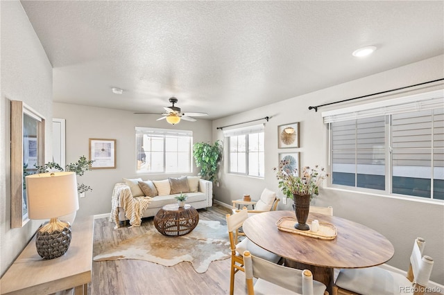 living room with ceiling fan, hardwood / wood-style flooring, and a textured ceiling