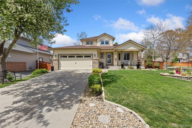 craftsman inspired home with a porch, a front yard, fence, concrete driveway, and an attached garage