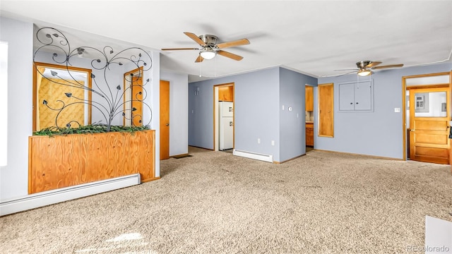 interior space with ceiling fan and baseboard heating