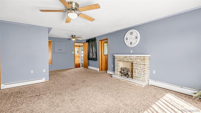 unfurnished living room featuring ceiling fan, a brick fireplace, carpet, and a baseboard heating unit