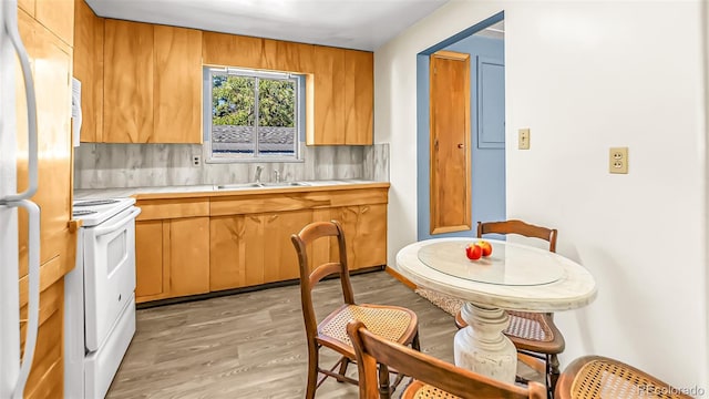 kitchen with light wood-type flooring, decorative backsplash, white electric range oven, and sink