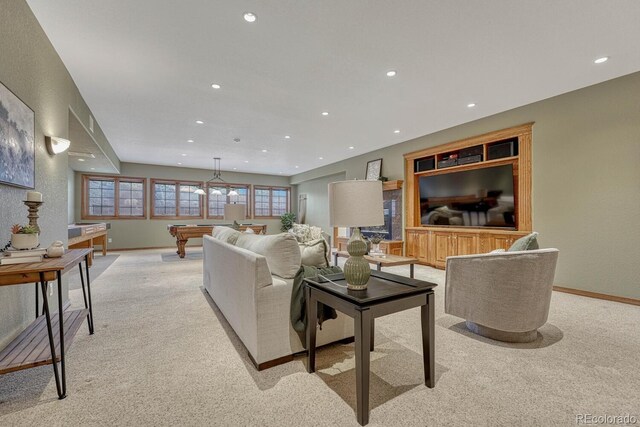 14581 E Oberlin Pl, Aurora, CO 80014 - living room with light colored carpet, billiards, recessed lighting, and baseboards