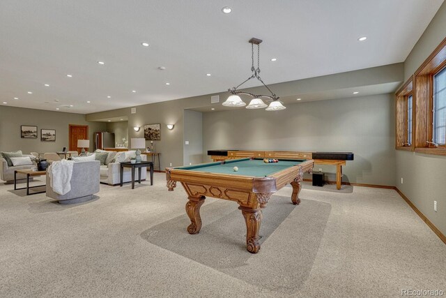14581 E Oberlin Pl, Aurora, CO 80014 - rec room featuring light colored carpet, pool table, baseboards, and recessed lighting
