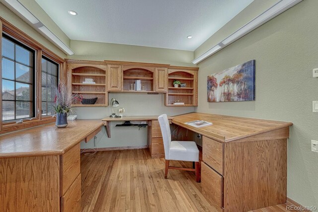 14581 E Oberlin Pl, Aurora, CO 80014 - office space with built in desk, light wood-style flooring, and recessed lighting