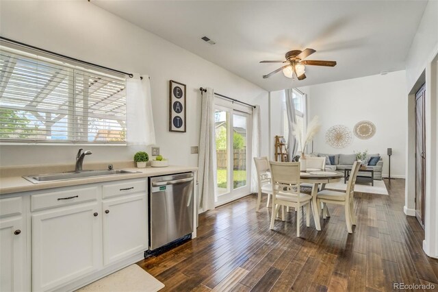 9643 Yukon Way, Colorado Springs, CO 80925 - kitchen with dishwasher, a sink, ceiling fan, white cabinetry, and dark wood-style flooring