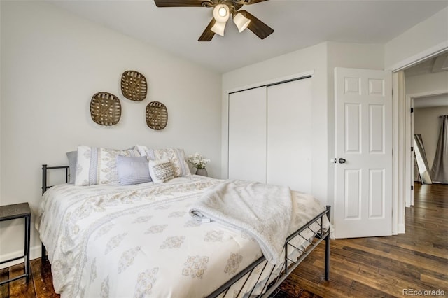 9643 Yukon Way, Colorado Springs, CO 80925 - bedroom with dark wood-style flooring, a closet, and a ceiling fan