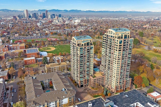 drone / aerial view featuring a mountain view