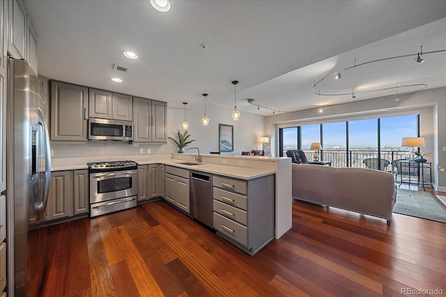 kitchen featuring gray cabinetry, kitchen peninsula, dark wood-type flooring, and appliances with stainless steel finishes