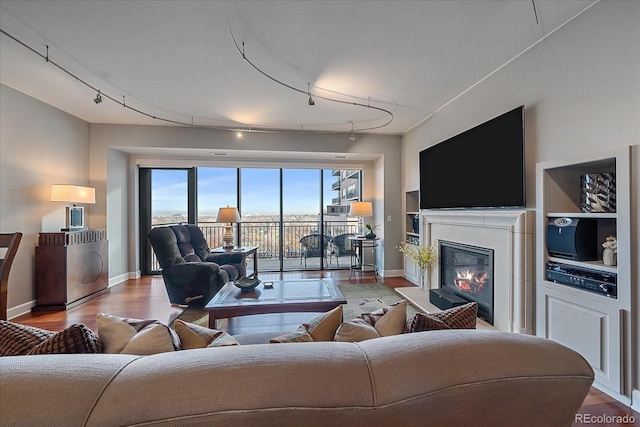 living room featuring hardwood / wood-style floors and rail lighting