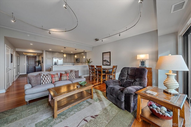 living room featuring wood-type flooring and track lighting