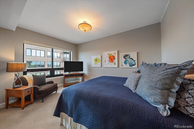 bedroom with light carpet