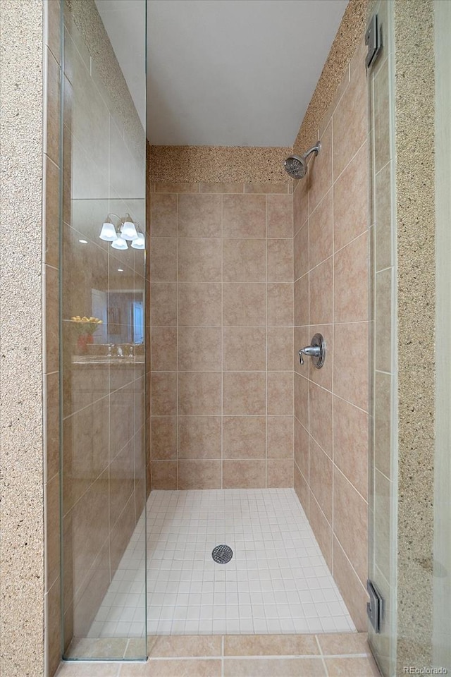 bathroom with a shower with shower door