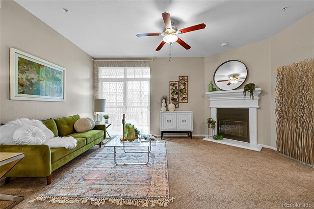 3852 S Dallas St Unit 8-102, Aurora, CO 80014 - living room with a ceiling fan, carpet flooring, and a glass covered fireplace