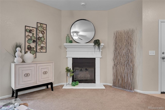3852 S Dallas St Unit 8-102, Aurora, CO 80014 - living room with a glass covered fireplace, carpet flooring, and ceiling fan