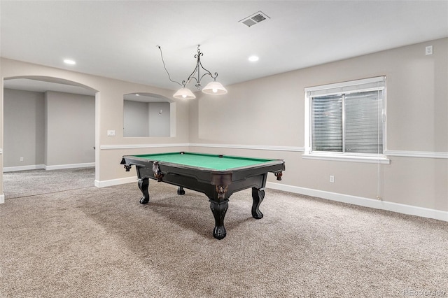 rec room featuring carpet floors and billiards