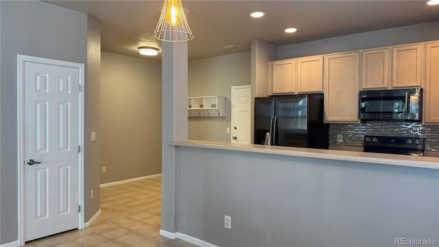 1254 Carlyle Park Cir, Highlands Ranch, CO 80129 - kitchen with black appliances, decorative backsplash, recessed lighting, light tile patterned floors, and hanging light fixtures