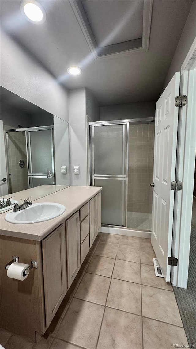 1254 Carlyle Park Cir, Highlands Ranch, CO 80129 - full bath with vanity, a stall shower, tile patterned flooring, and recessed lighting