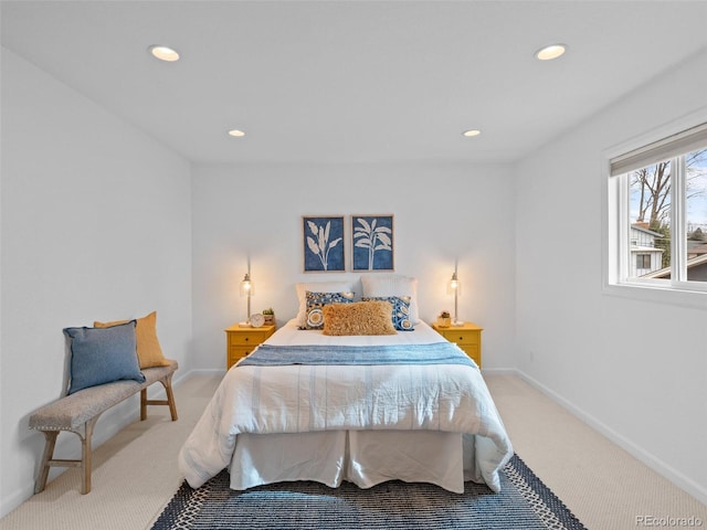 carpeted bedroom with baseboards and recessed lighting