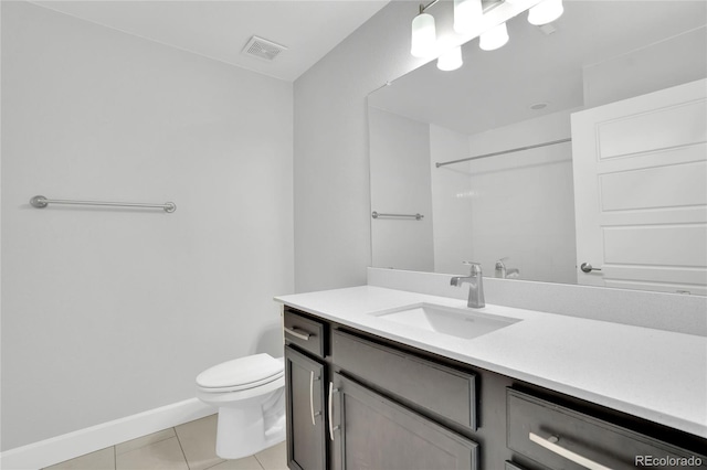 full bathroom featuring visible vents, toilet, vanity, tile patterned flooring, and baseboards